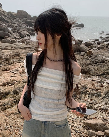 Rood Off Shoulder Shirring Sleeveless Top
